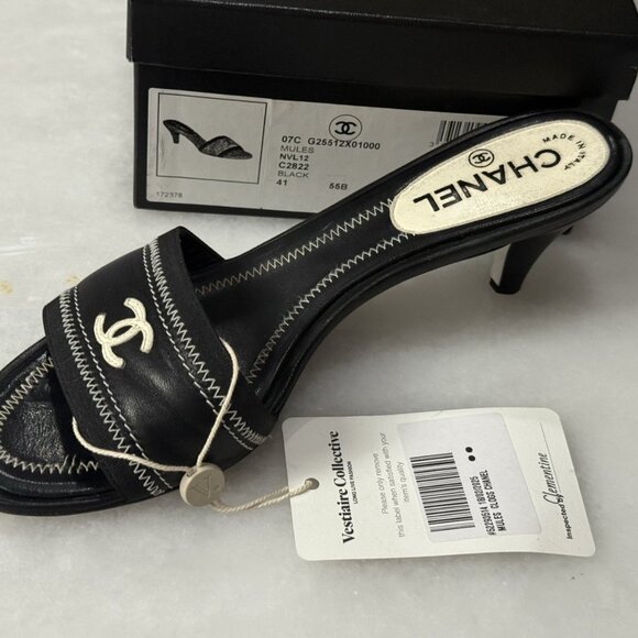 CHANEL CC LOGO LEATHER MULES SHOES HEELS BLACK - Picture 6 of 8